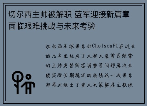 切尔西主帅被解职 蓝军迎接新篇章 面临艰难挑战与未来考验