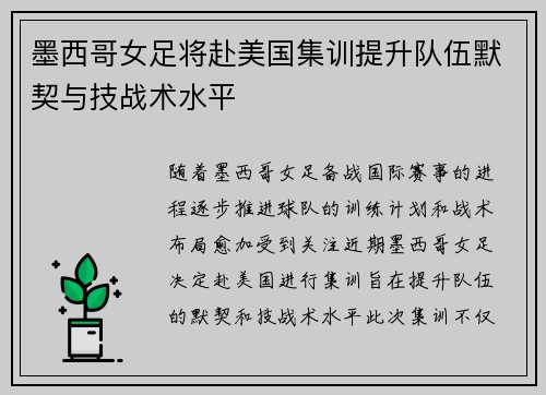 墨西哥女足将赴美国集训提升队伍默契与技战术水平